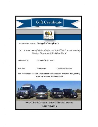 Temecula Black Car Gift Certificate image for half day wine tour page